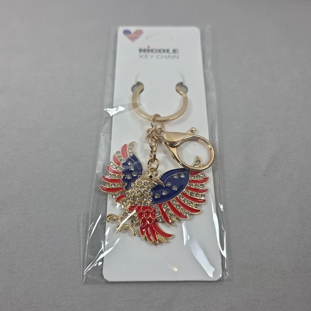 Patriotic USA Eagle Keychain‎ Flag Charm Bling 4th of July Gift Gold
